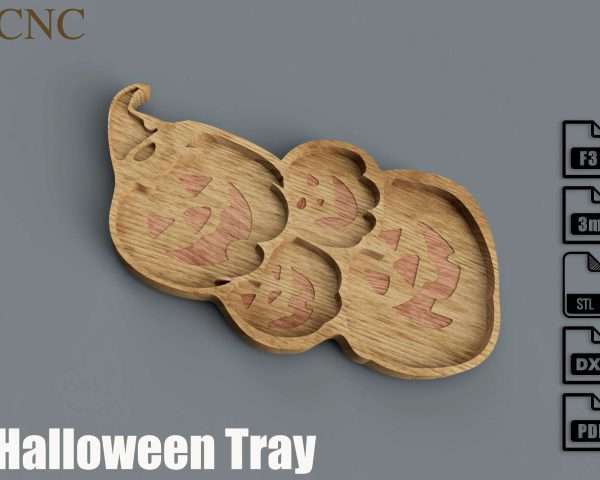 wooden tray shaped like a halloween pumpkin pile