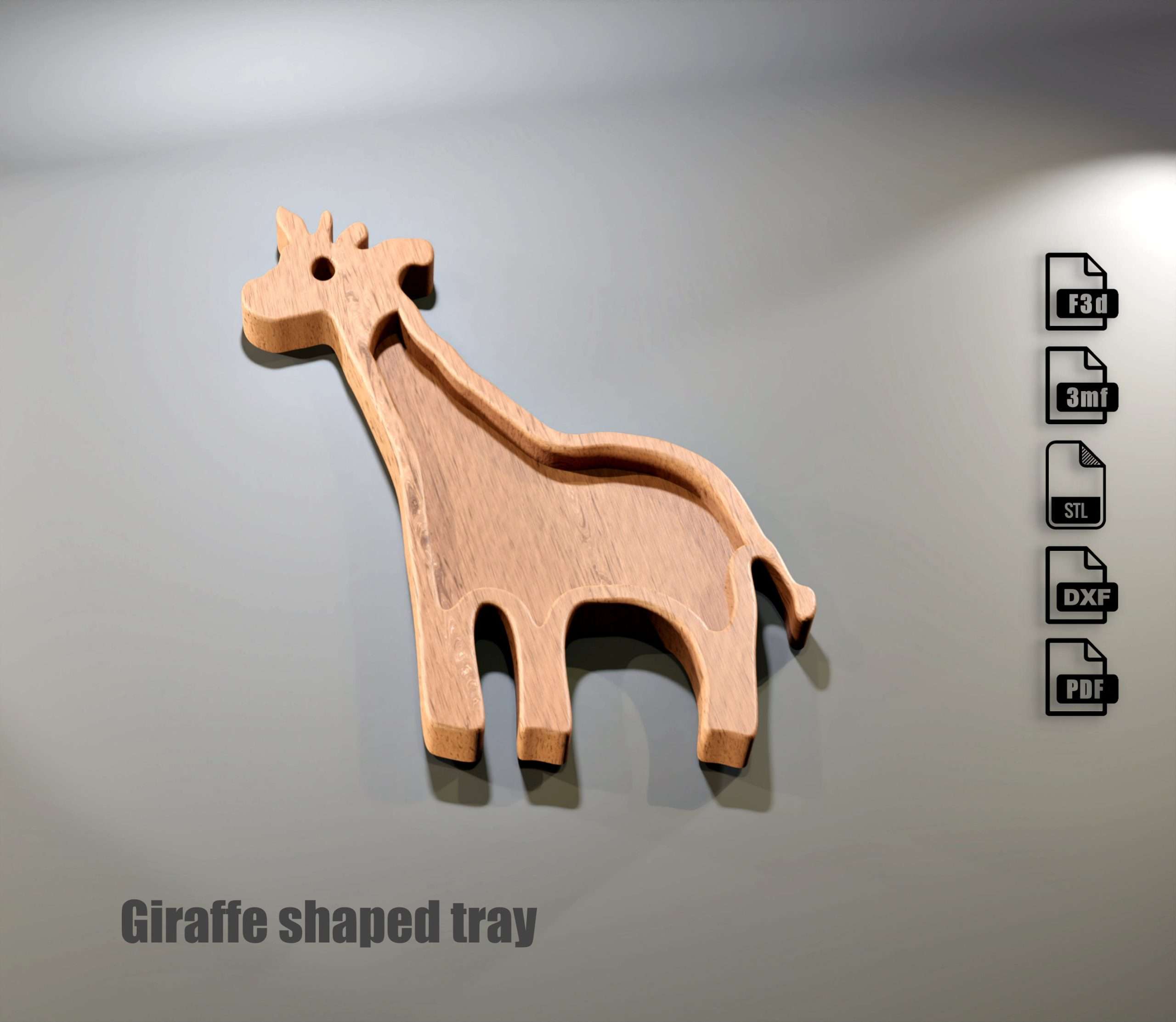 Giraffe shaped Tray CNC project files for wood routers (f3d, stl,3mf
