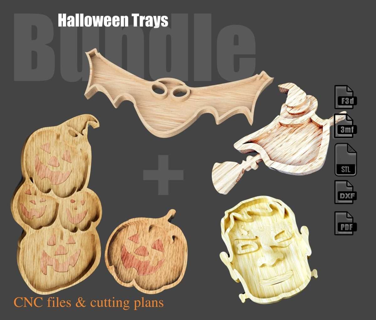 trays designs bundle of 5 unique halloween designs, one is a pumpkin, the second is a frankestain face, the third a witch, the forth is a bat and the fifth es a pumpking pile