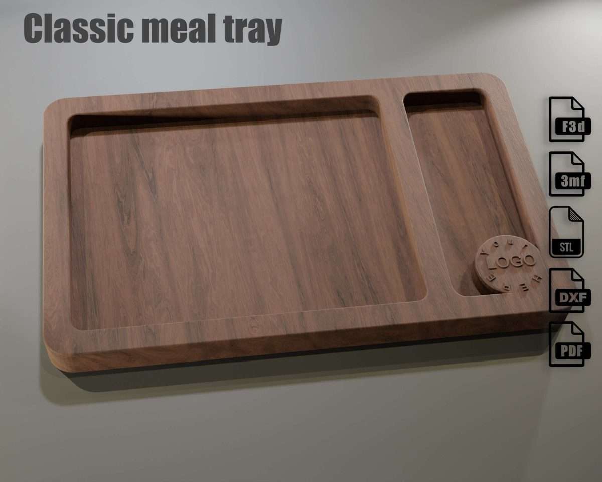 cnc file for a classic meal rectangular tray with a big rectangular pocket for food and a smaller rectangular pocket for utensils in the right side