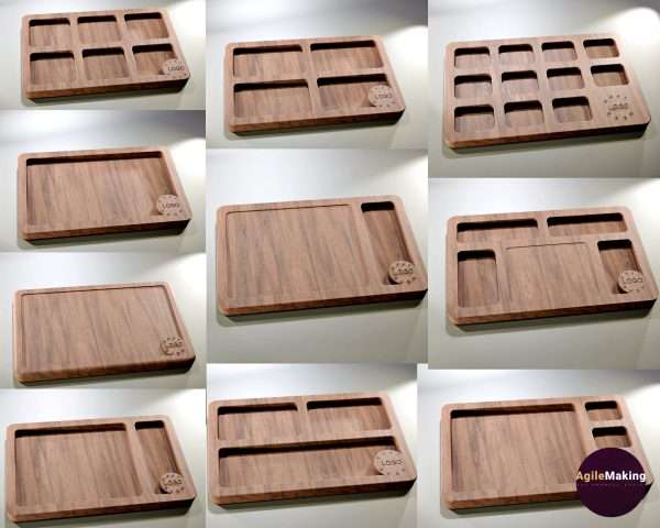 set of 10 different rectangular wooden trays with different pocket distribution for CNC