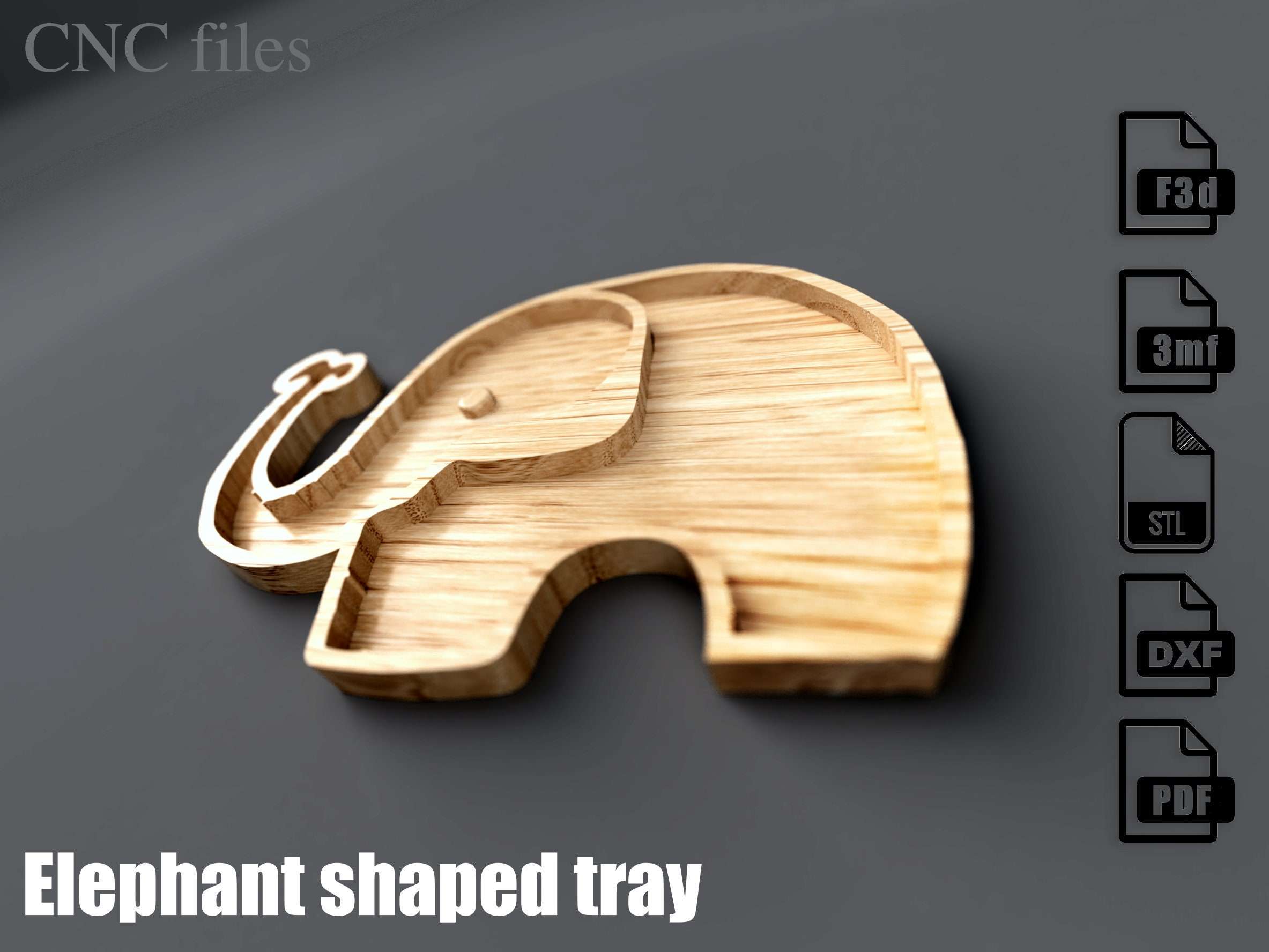 Elephant serving tray - 3D STL and Vector Files for CNC (f3d, 3mf, stl, dxf, pdf). Editable Fusion 360 file included