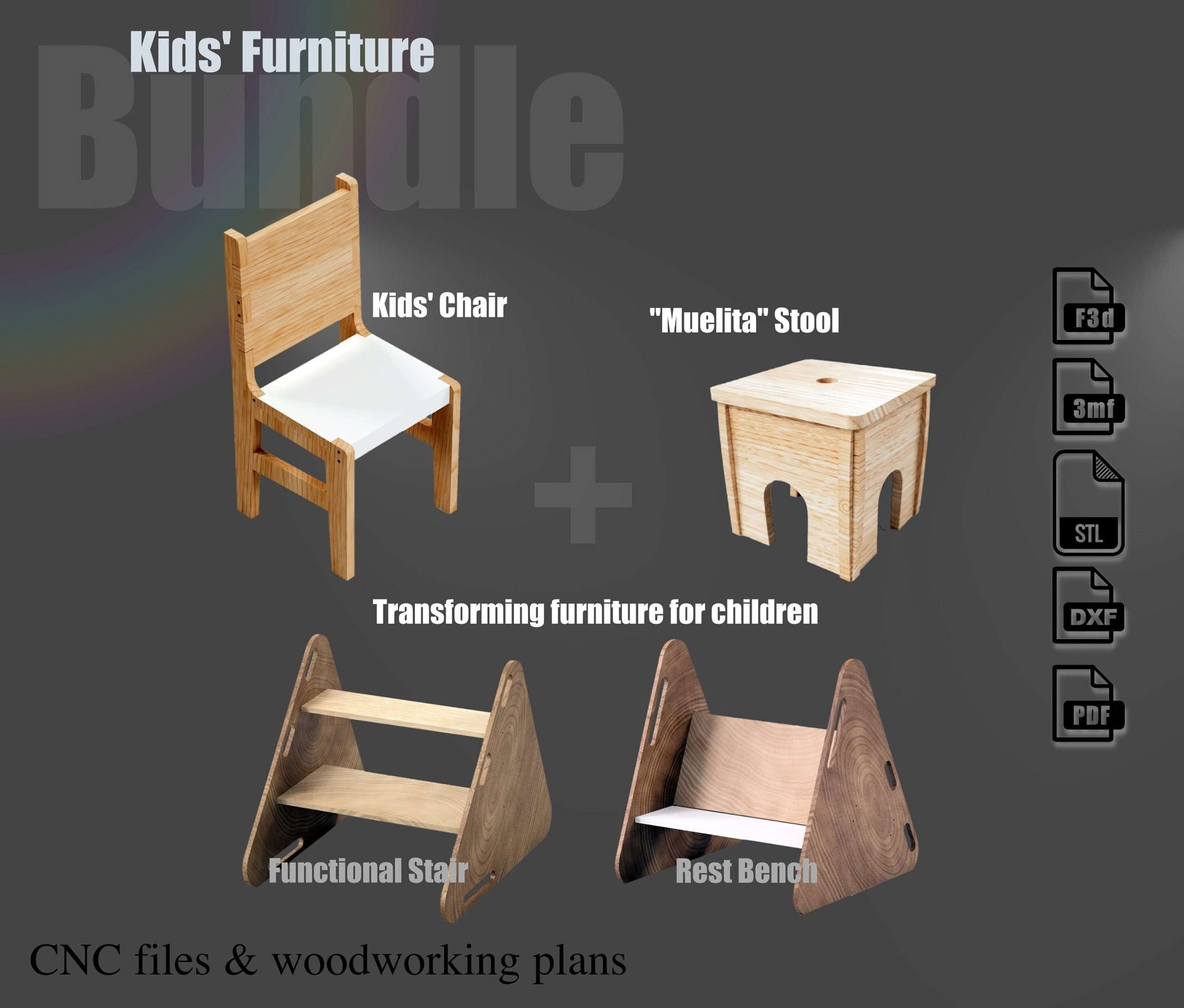 CNC project bundle - Fusion 360 file parametric design for spring craft for children (Stl file, Dxf, PDF). Easy-to-make furniture