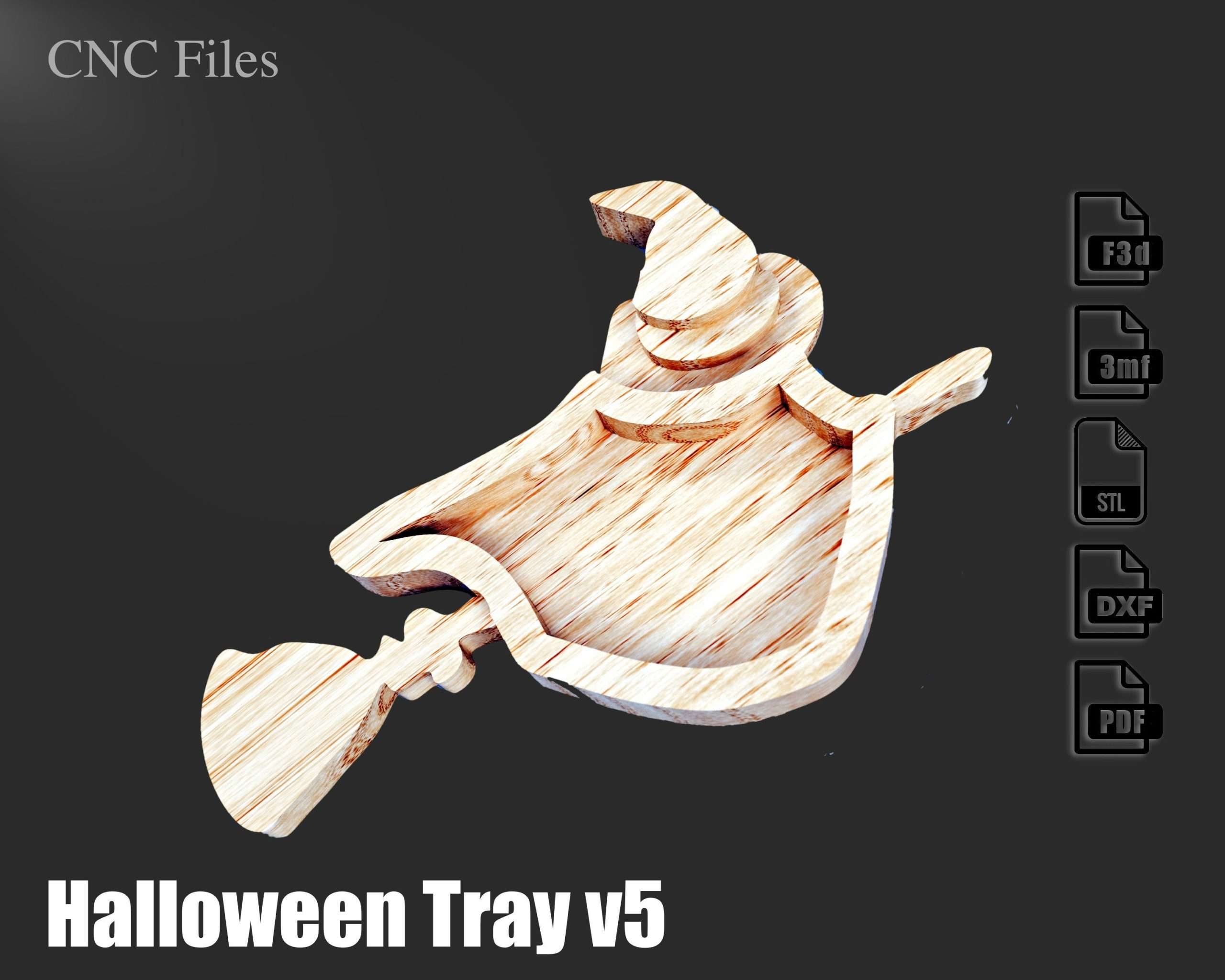 Halloween Tray v5 - CNC project files for wood routers (f3d, stl,3mf, dxf, pdf) Fusion 360 file included.