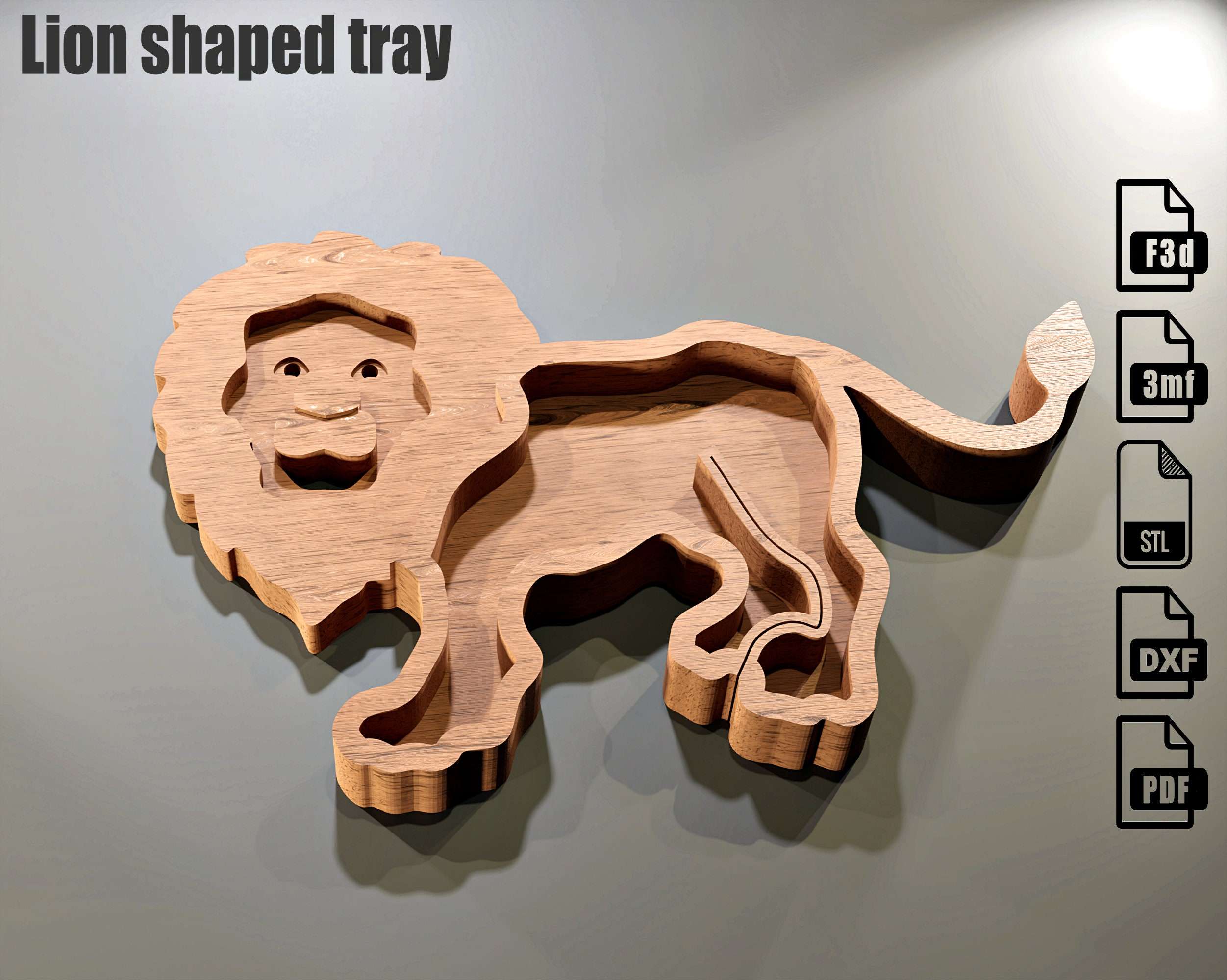 Lion CNC files for wood trays making - Lion DXF vector file pattern - Fusion 360 and STL files, by Agilemaking