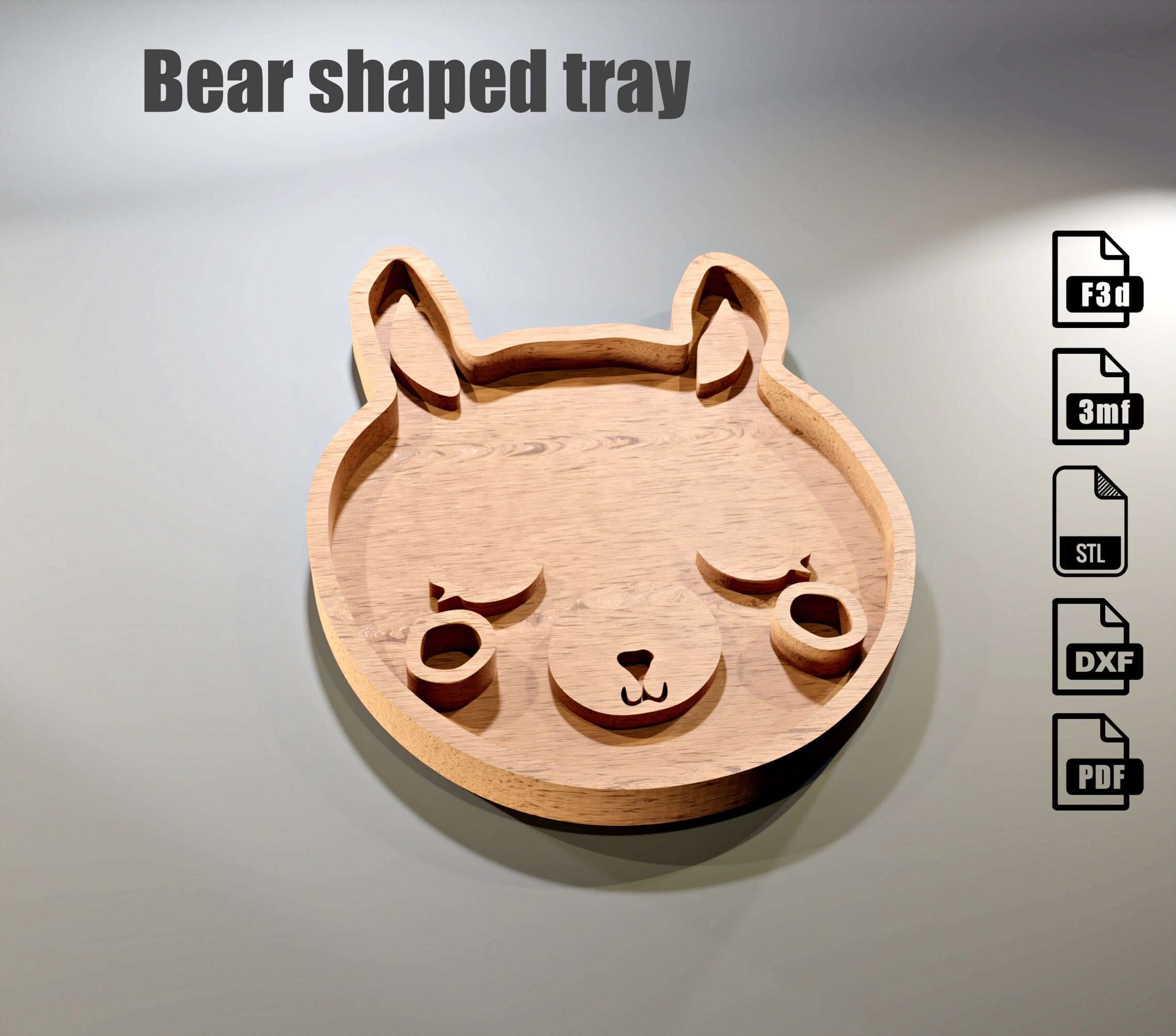 Bear Tray - CNC files for wood routers (f3d, 3mf, stl, dxf, pdf) Editable Fusion 360 file included