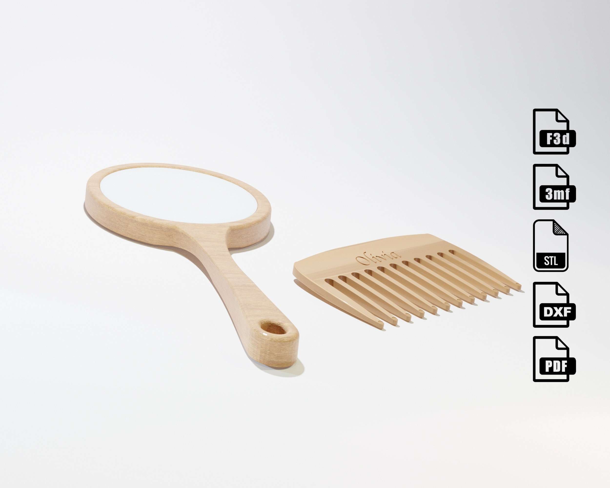 Hand Mirror and comb - Personalized design for CNC Cutting. CNC file for wood routers. Fusion 360 files STL included, by Agilemaking