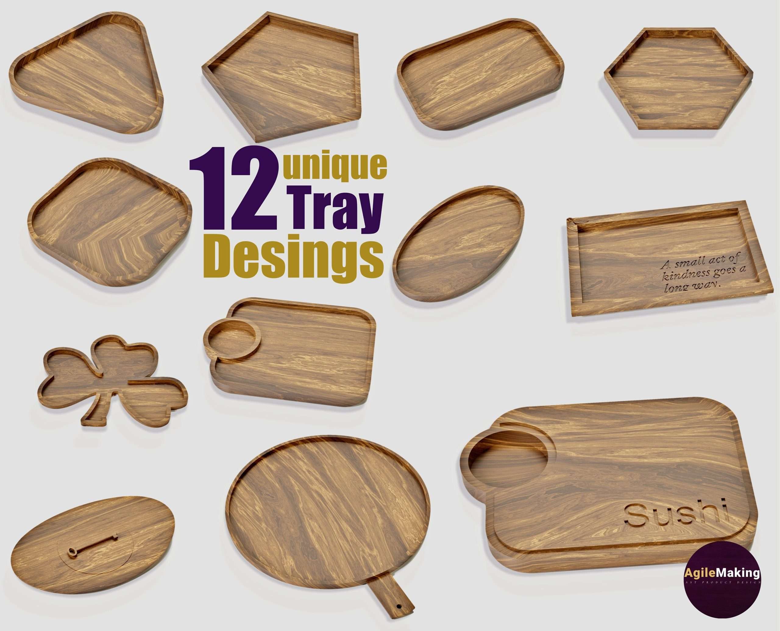 12x Trays boards bundle for direct download - CNC files for wood routers (Fusion 360 files, DXF Vector, stl file, pdf plans)