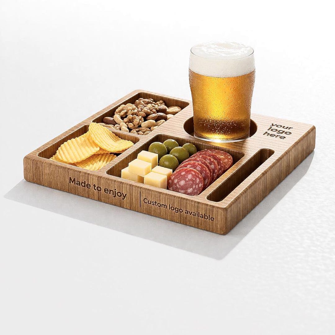 Wood Snack Tray CNC Files – Phone & Cup Holder, Custom Logo Ready
