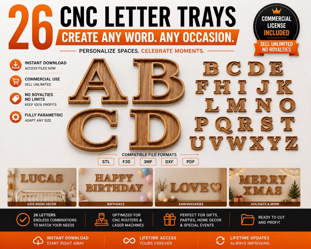 CNC Alphabet Tray Files – 28 Character Font Set (Fusion 360, STL, DXF)